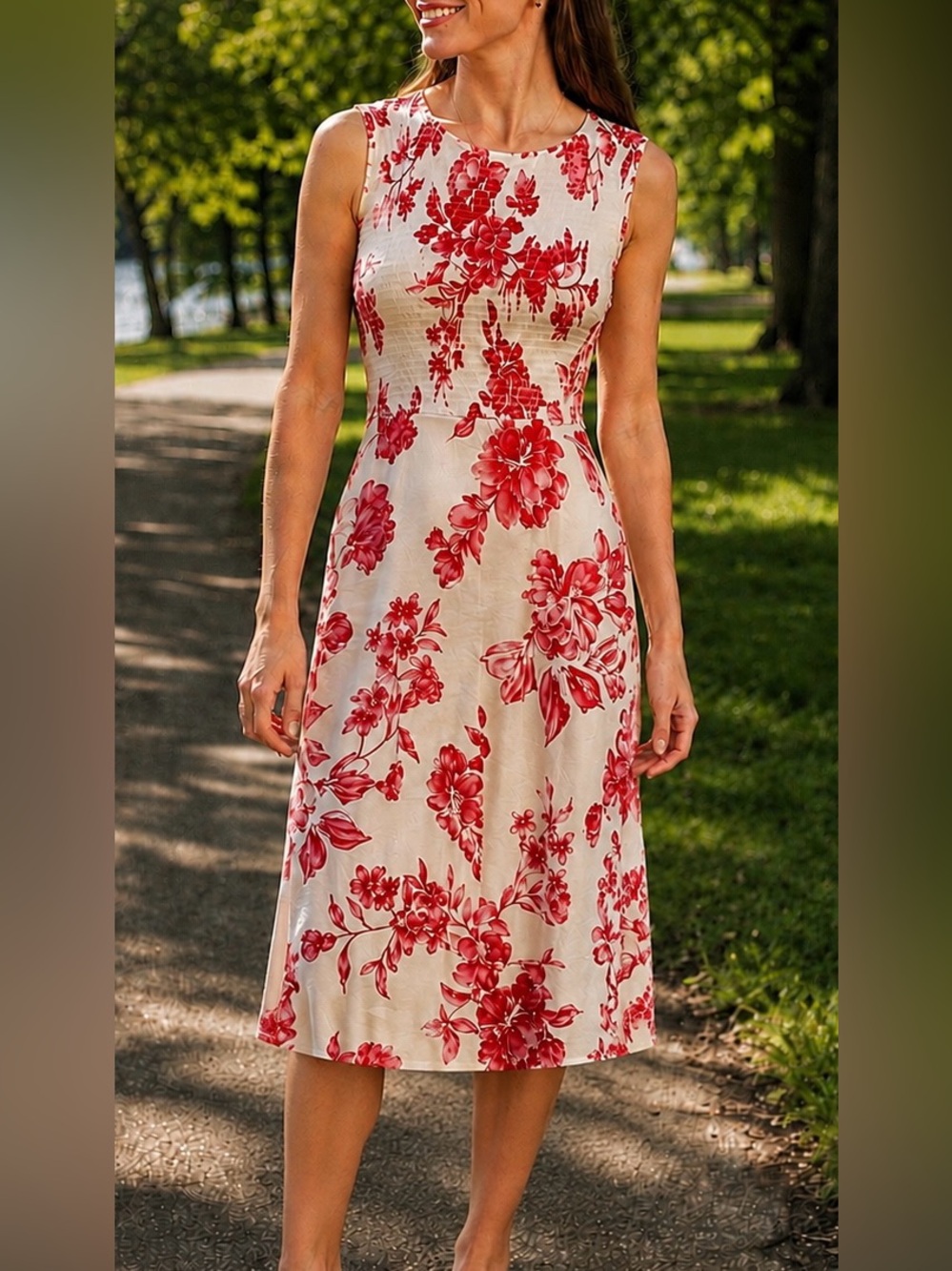 Calvin Klein size 8 White & Red Floral Sleeveless Midi Dress
